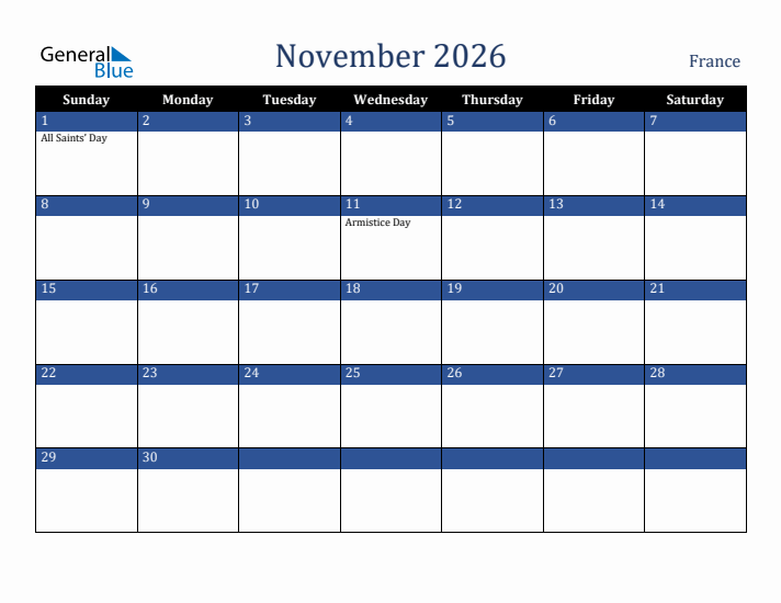 November 2026 France Calendar (Sunday Start)
