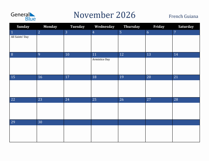 November 2026 French Guiana Calendar (Sunday Start)
