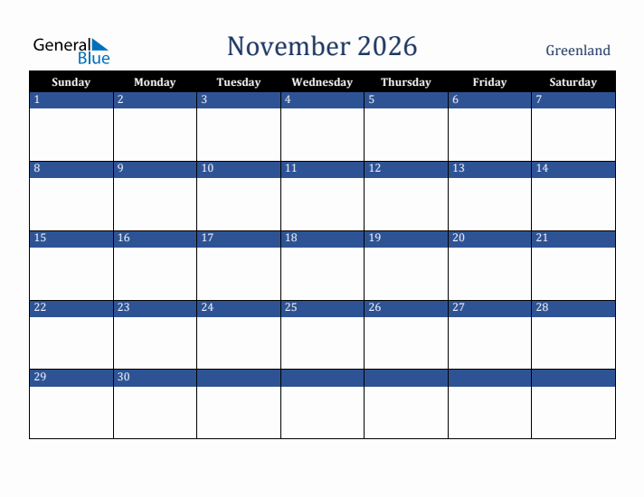November 2026 Greenland Calendar (Sunday Start)