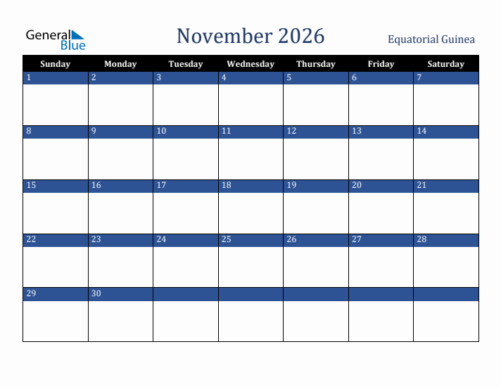 November 2026 Equatorial Guinea Calendar (Sunday Start)