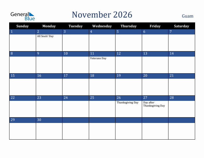November 2026 Guam Calendar (Sunday Start)