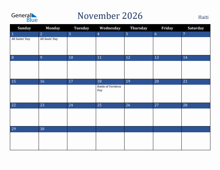 November 2026 Haiti Calendar (Sunday Start)