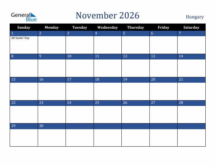 November 2026 Hungary Calendar (Sunday Start)