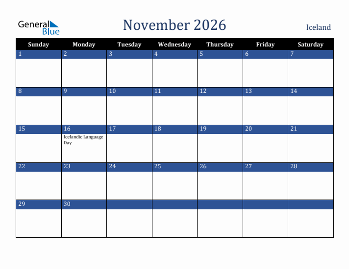 November 2026 Iceland Calendar (Sunday Start)