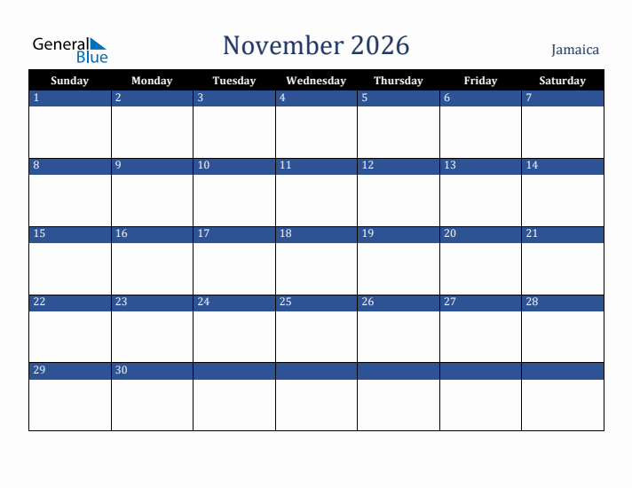 November 2026 Jamaica Calendar (Sunday Start)