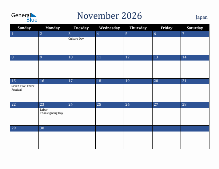 November 2026 Japan Calendar (Sunday Start)