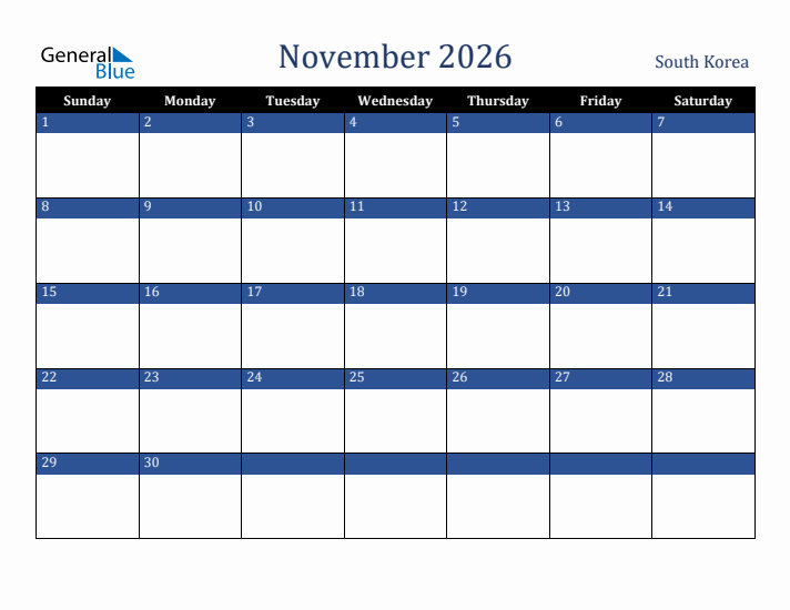 November 2026 South Korea Calendar (Sunday Start)