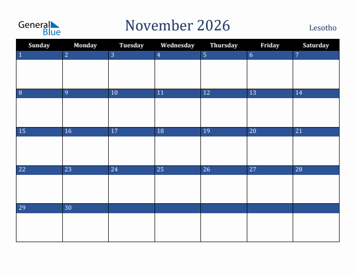 November 2026 Lesotho Calendar (Sunday Start)