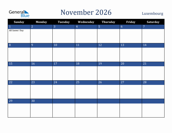 November 2026 Luxembourg Calendar (Sunday Start)