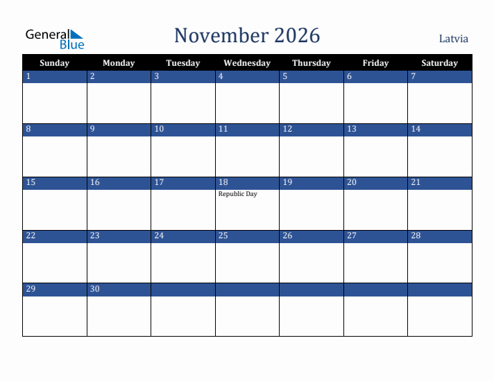 November 2026 Latvia Calendar (Sunday Start)