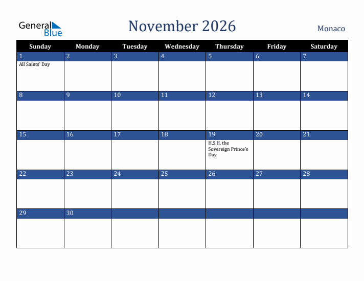 November 2026 Monaco Calendar (Sunday Start)