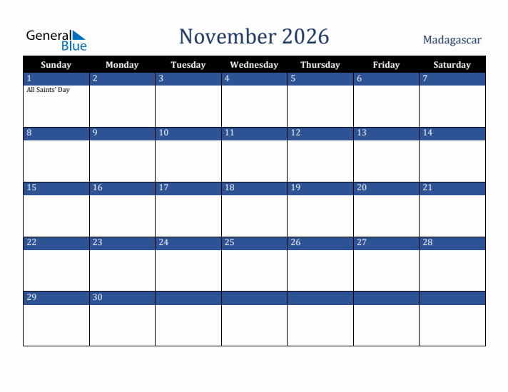 November 2026 Madagascar Calendar (Sunday Start)