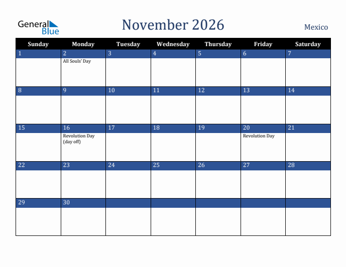 November 2026 Mexico Calendar (Sunday Start)