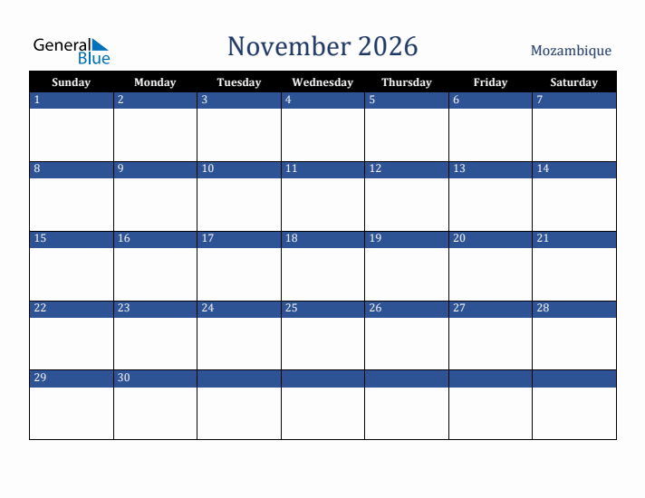 November 2026 Mozambique Calendar (Sunday Start)