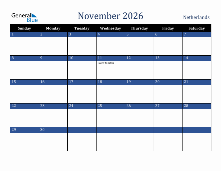 November 2026 The Netherlands Calendar (Sunday Start)
