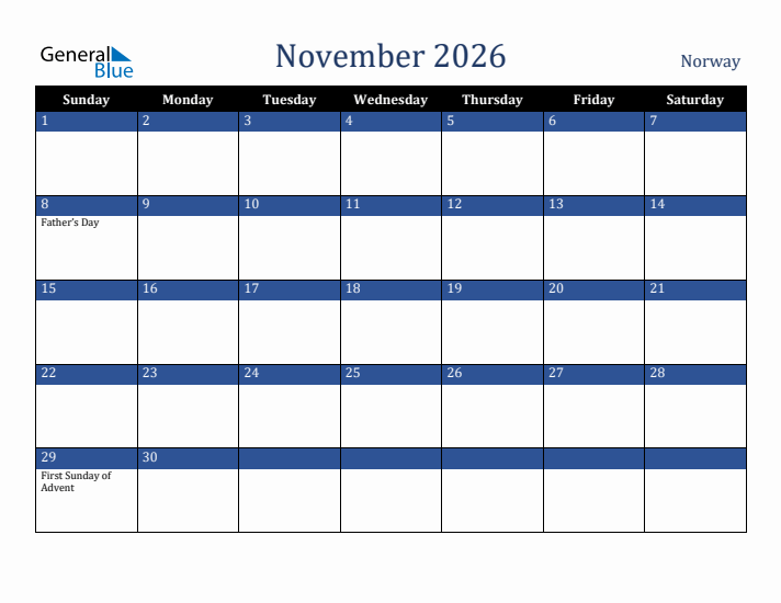 November 2026 Norway Calendar (Sunday Start)