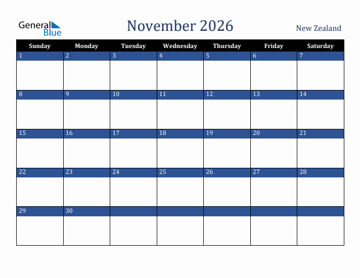 November 2026 New Zealand Calendar (Sunday Start)
