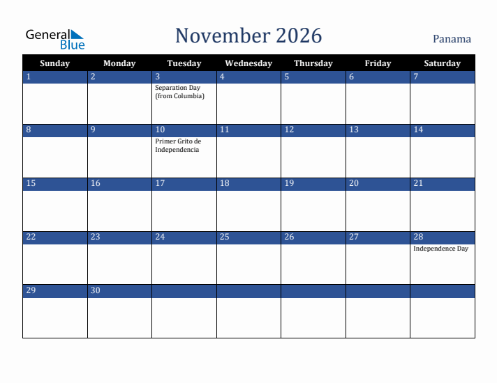November 2026 Panama Calendar (Sunday Start)