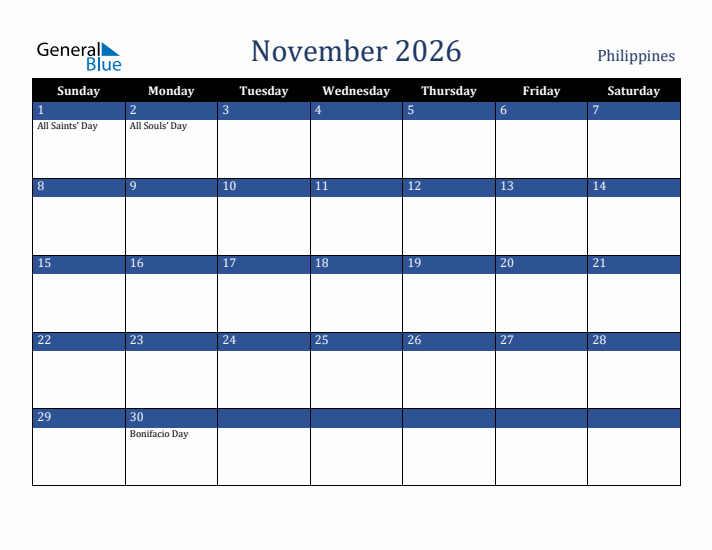 November 2026 Philippines Calendar (Sunday Start)
