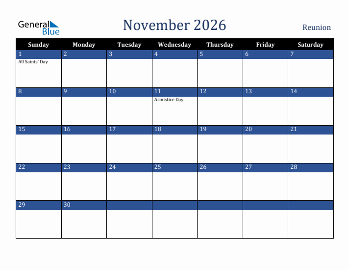 November 2026 Reunion Calendar (Sunday Start)