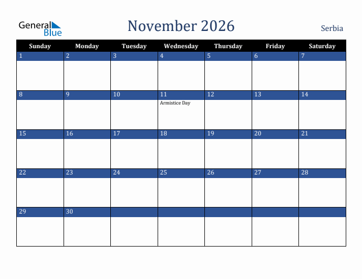November 2026 Serbia Calendar (Sunday Start)