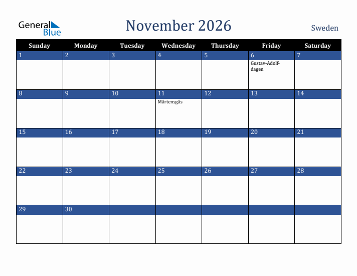 November 2026 Sweden Calendar (Sunday Start)