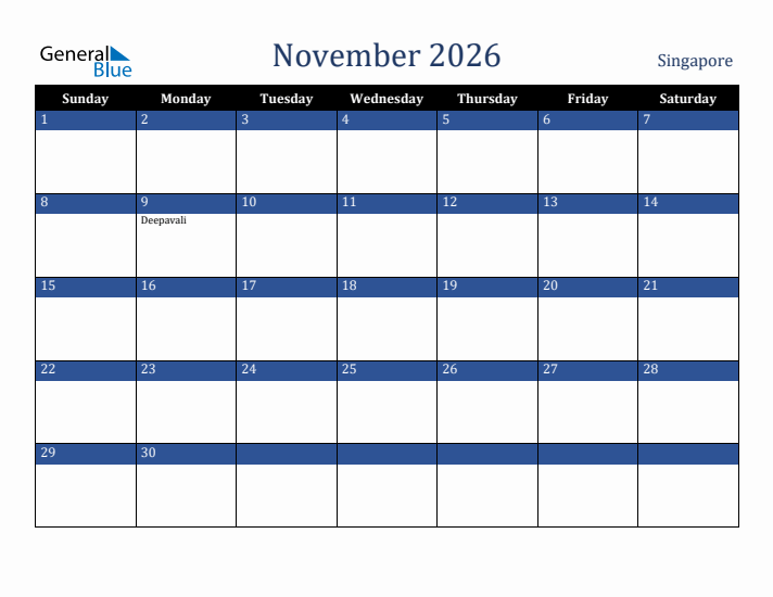 November 2026 Singapore Calendar (Sunday Start)