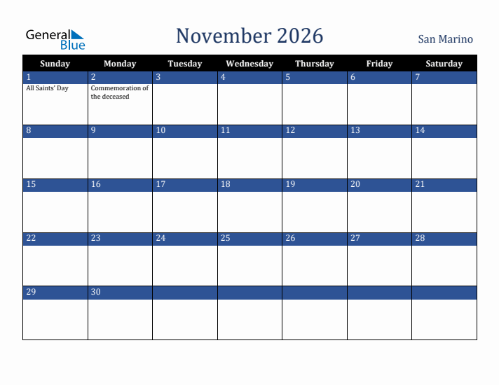 November 2026 San Marino Calendar (Sunday Start)