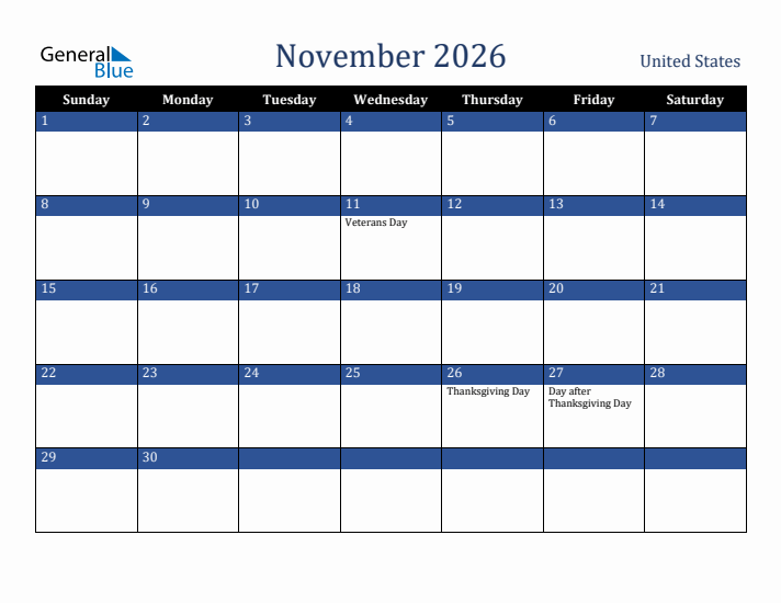 November 2026 United States Calendar (Sunday Start)