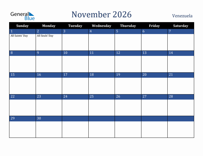 November 2026 Venezuela Calendar (Sunday Start)