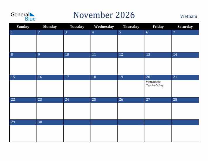 November 2026 Vietnam Calendar (Sunday Start)