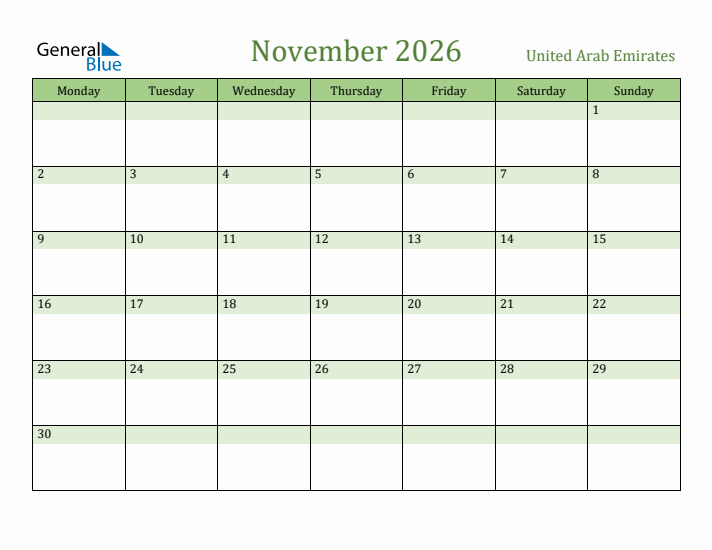 November 2026 Calendar with United Arab Emirates Holidays