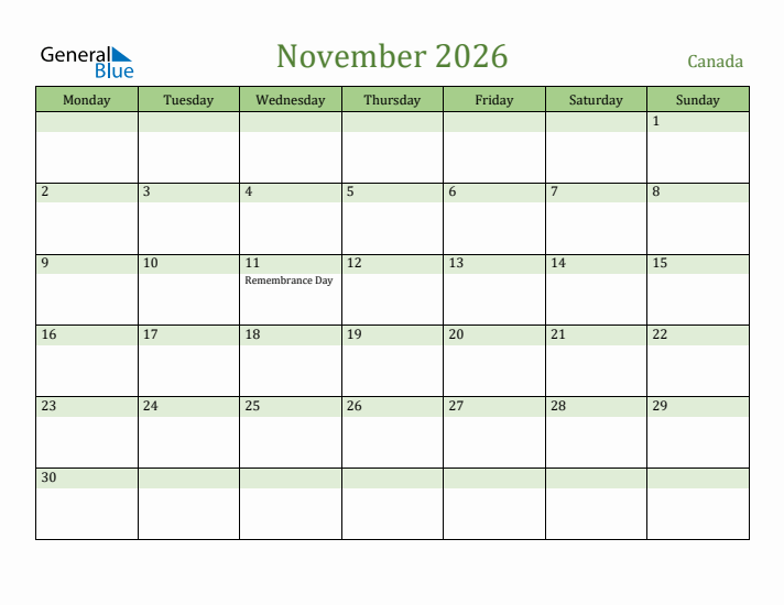 November 2026 Calendar with Canada Holidays