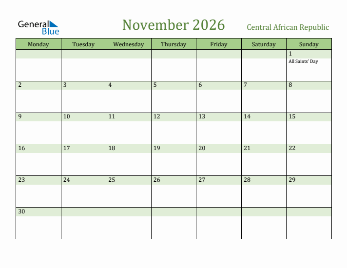 November 2026 Calendar with Central African Republic Holidays