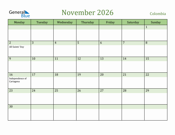 November 2026 Calendar with Colombia Holidays