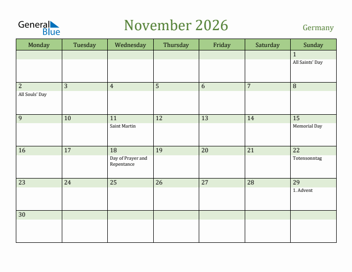 November 2026 Calendar with Germany Holidays