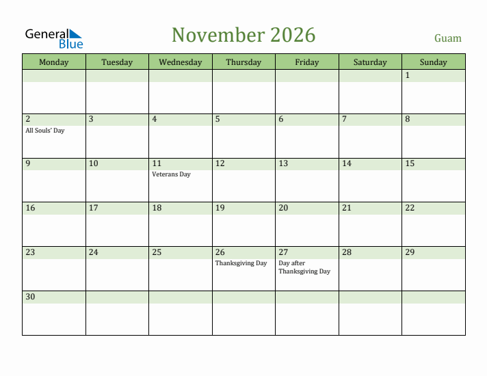 November 2026 Calendar with Guam Holidays