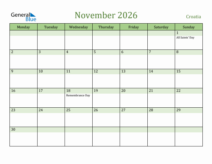 November 2026 Calendar with Croatia Holidays