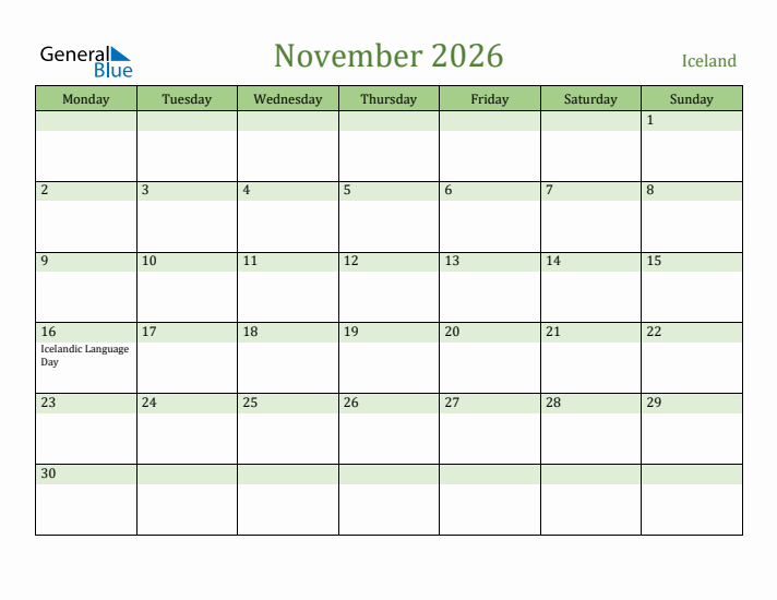 November 2026 Calendar with Iceland Holidays
