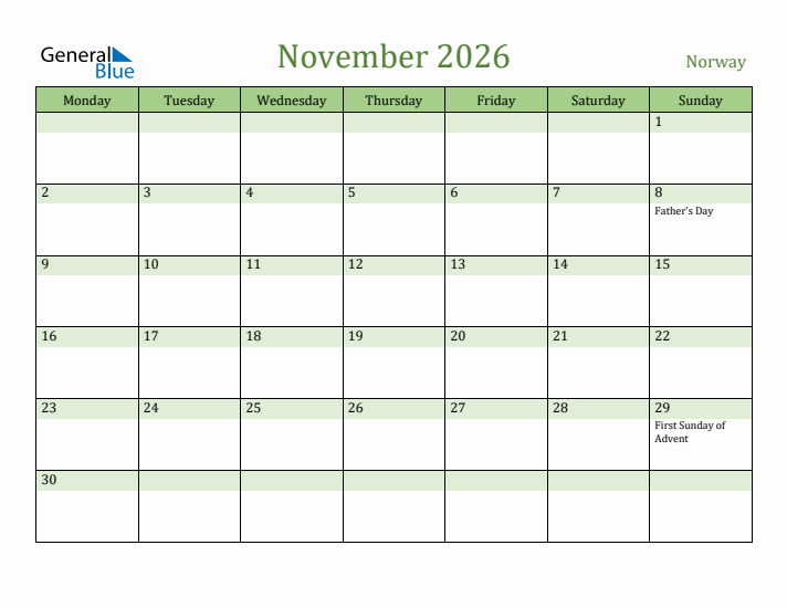 November 2026 Calendar with Norway Holidays