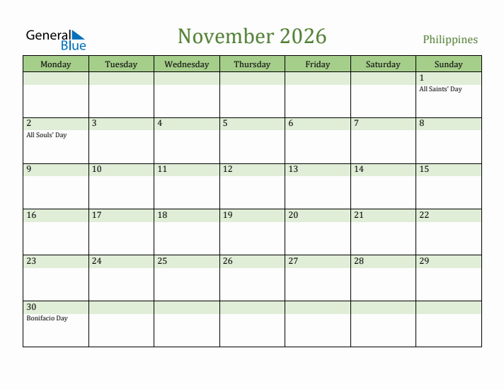November 2026 Calendar with Philippines Holidays
