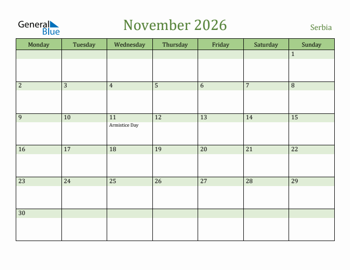 November 2026 Calendar with Serbia Holidays
