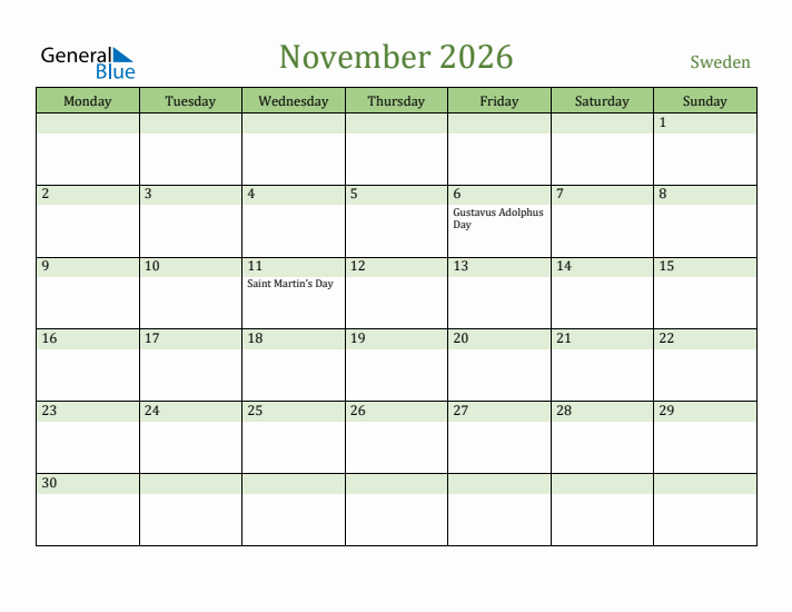 November 2026 Calendar with Sweden Holidays