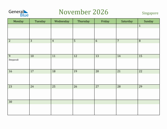 November 2026 Calendar with Singapore Holidays