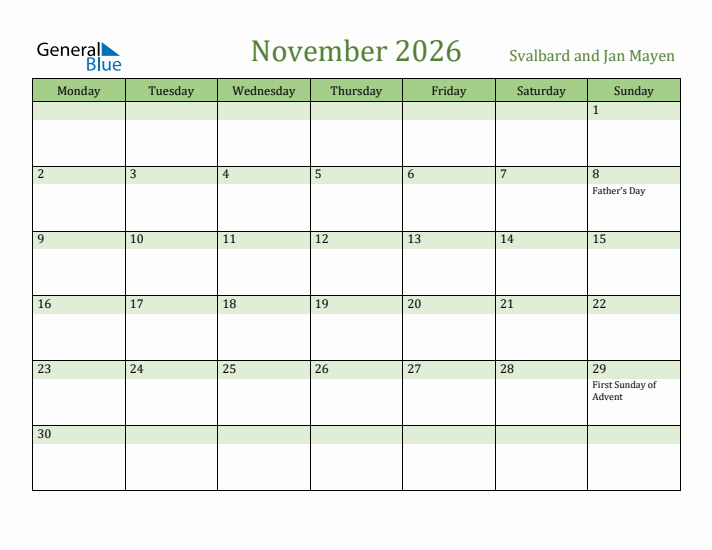 November 2026 Calendar with Svalbard and Jan Mayen Holidays