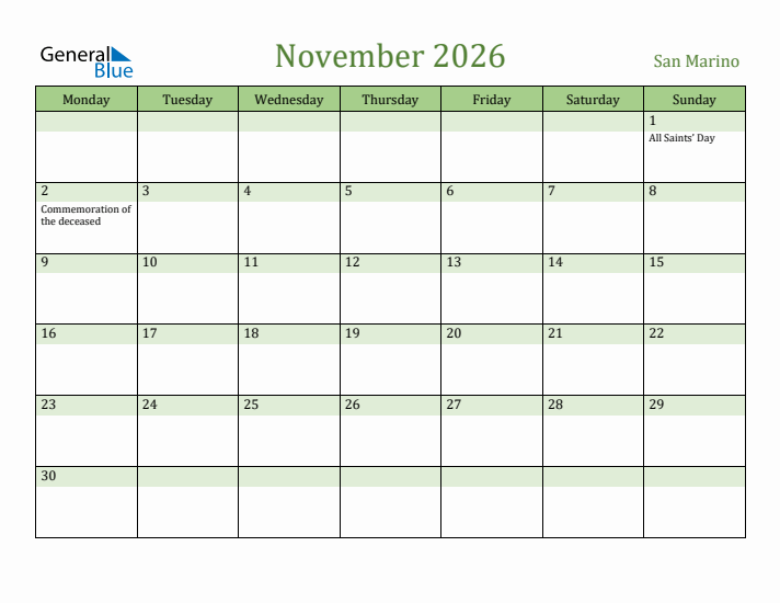 November 2026 Calendar with San Marino Holidays
