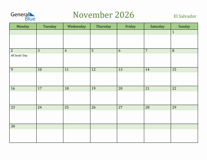 November 2026 Calendar with El Salvador Holidays