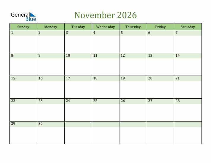 November 2026 Calendar with Sunday Start