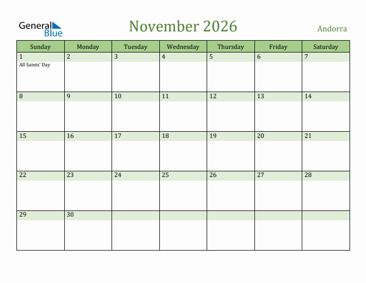 November 2026 Calendar with Andorra Holidays