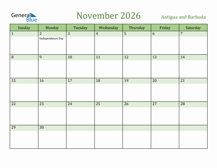 November 2026 Calendar with Antigua and Barbuda Holidays